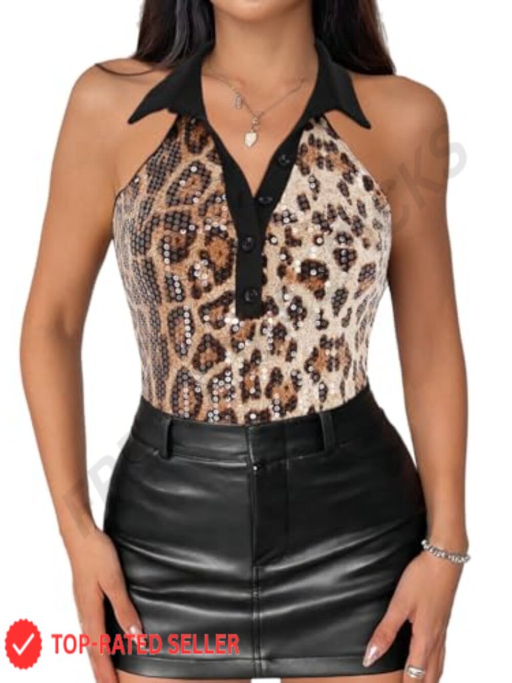 Women's Sequin Polo Crop Top V Neck Sleeveless Collar Blouse
